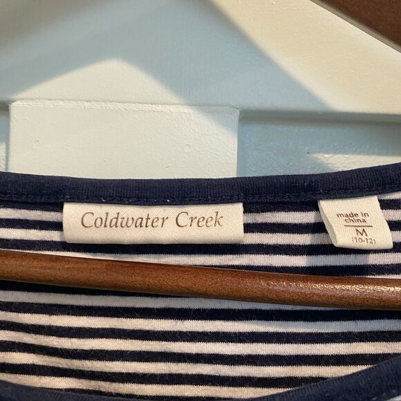 Coldwater Creek Top M Navy White Striped Mixed Media‎ Sequin 3D - Picture 2 of 11